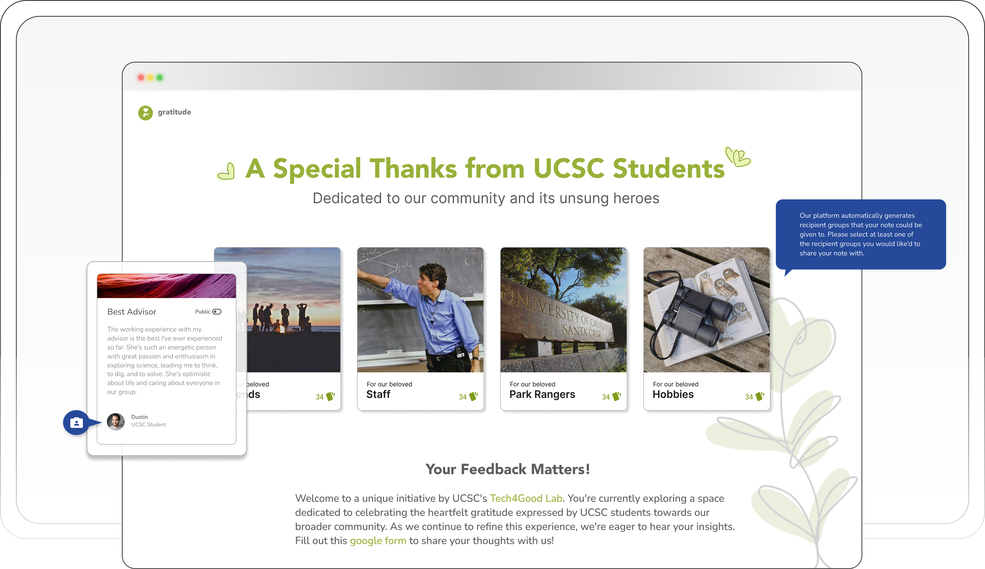 A Special Thanks from UCSC Students — the Gratitude hero, with the recipient-group callout and a Best Advisor note visible