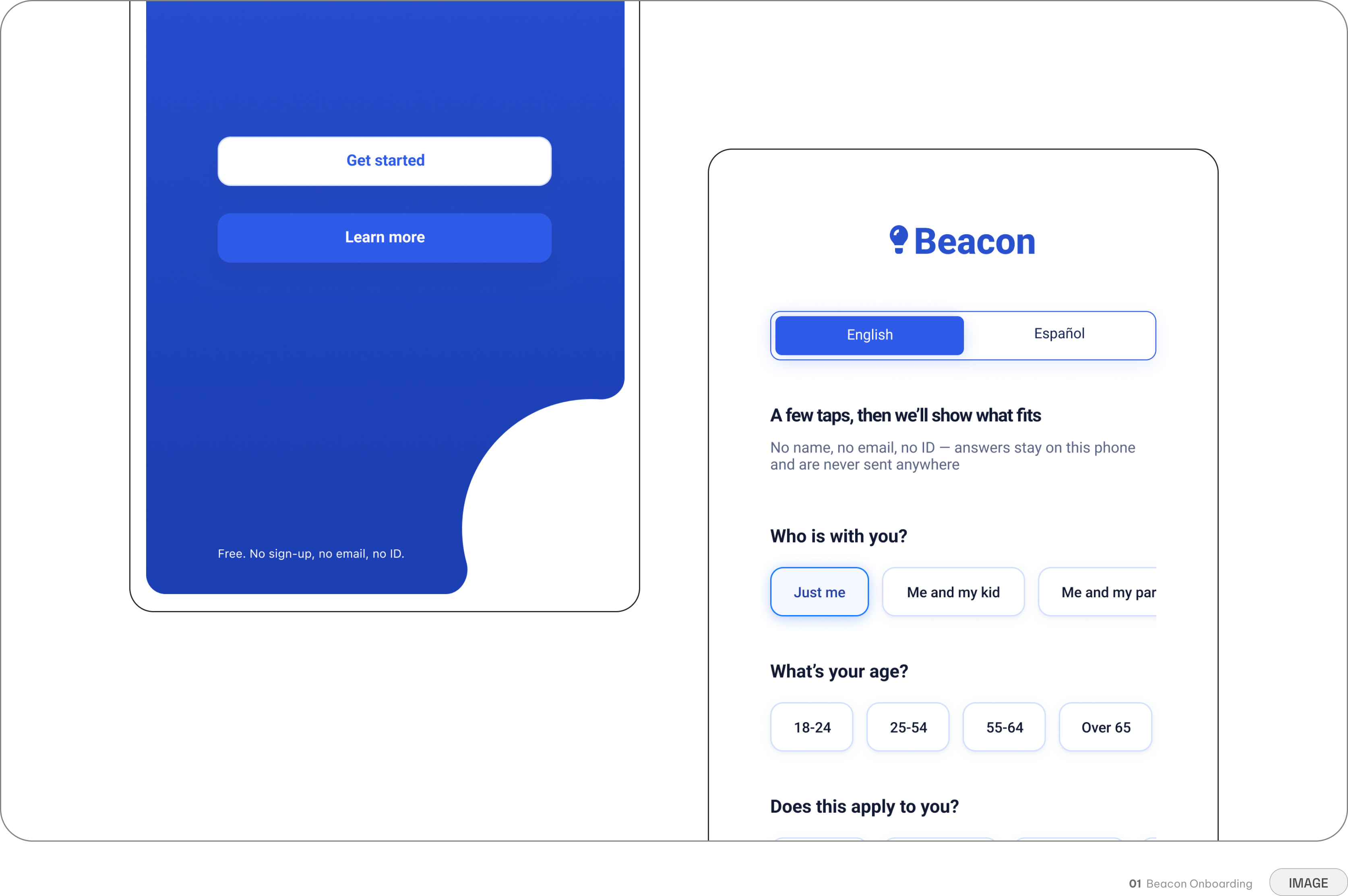 Beacon — onboarding language selection and quick-question flow
