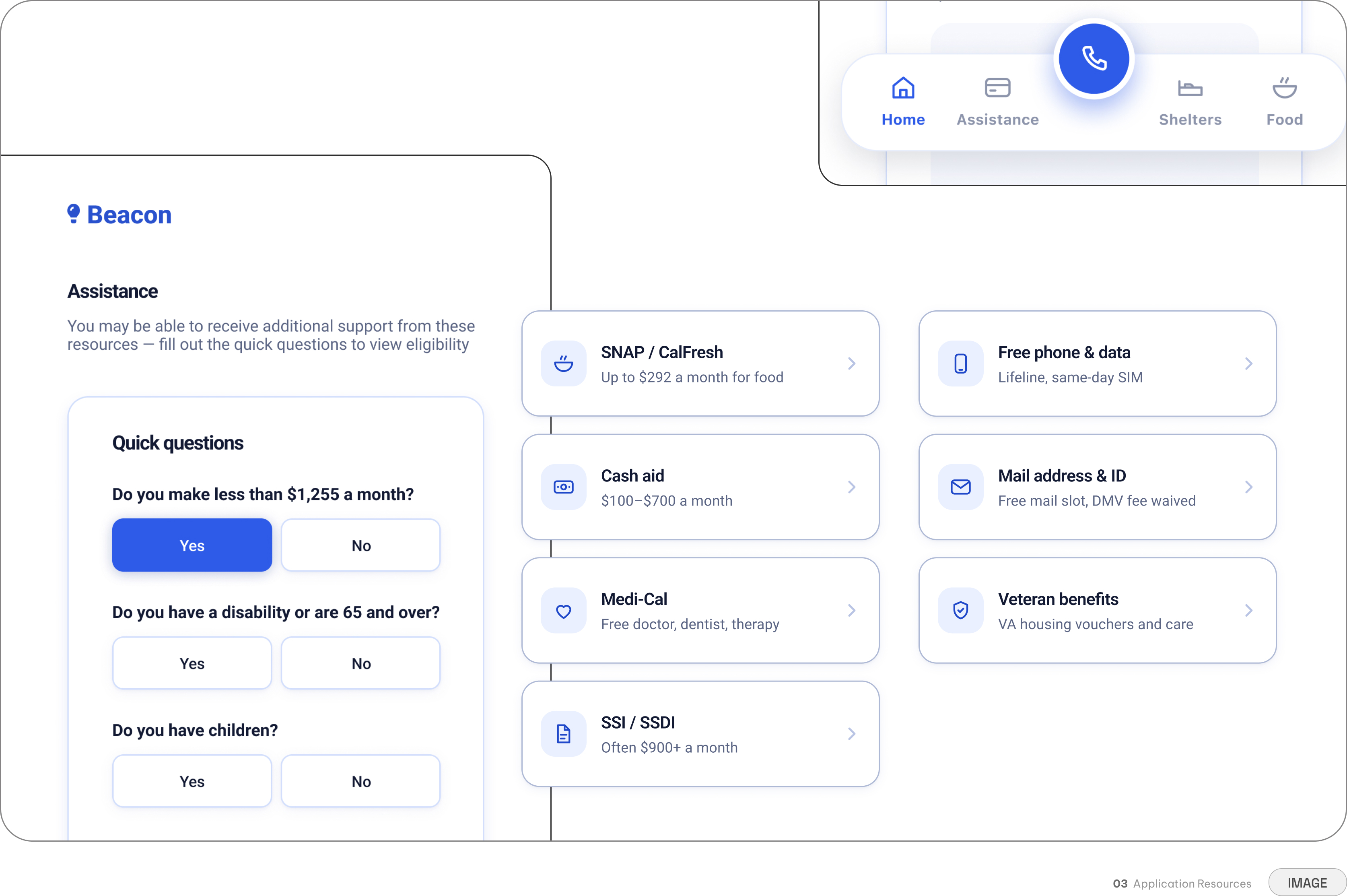 Beacon — nearby shelters and food listings with availability tags