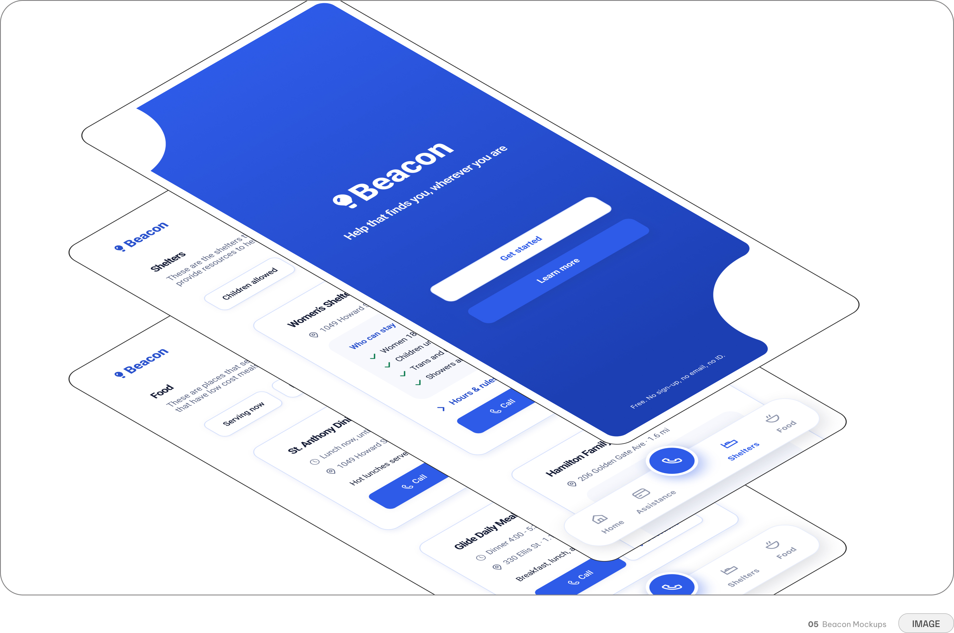 Beacon — isometric mockup composite of the core app screens