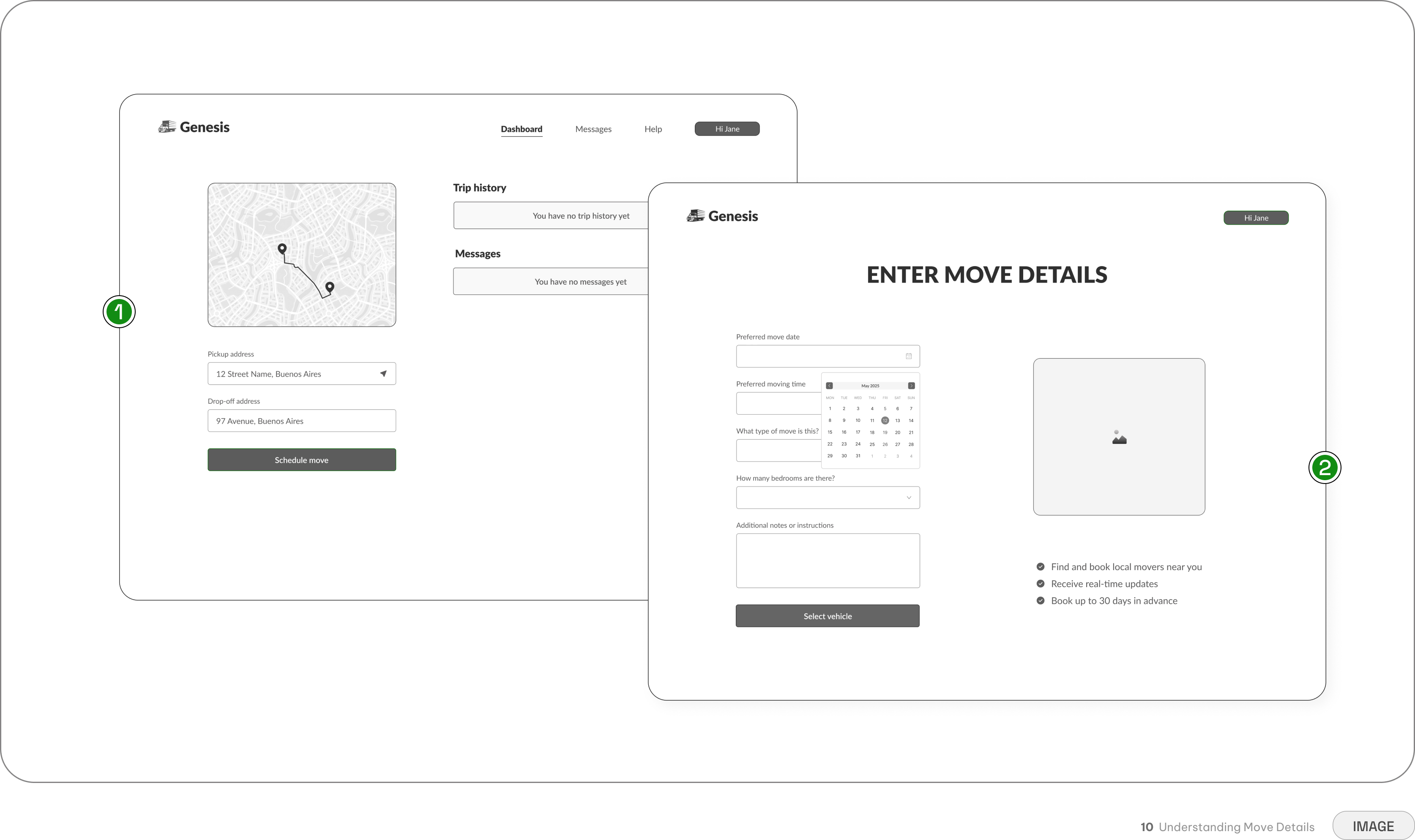 Genesis booking flow — route and property details collected in progressive steps