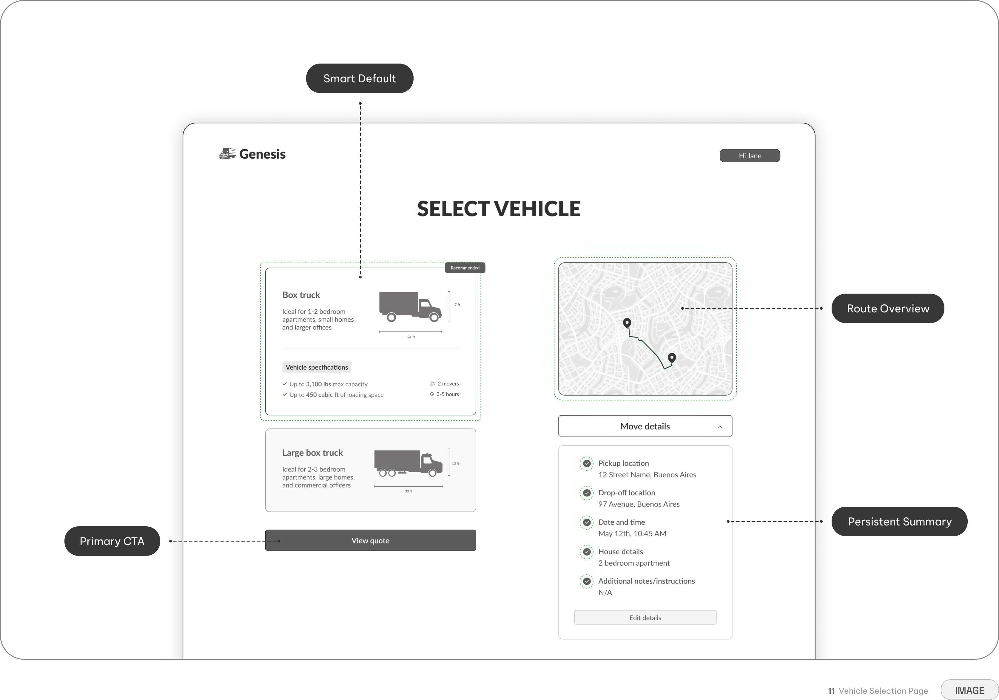 Genesis vehicle recommendation — automatic truck size suggestion with alternatives