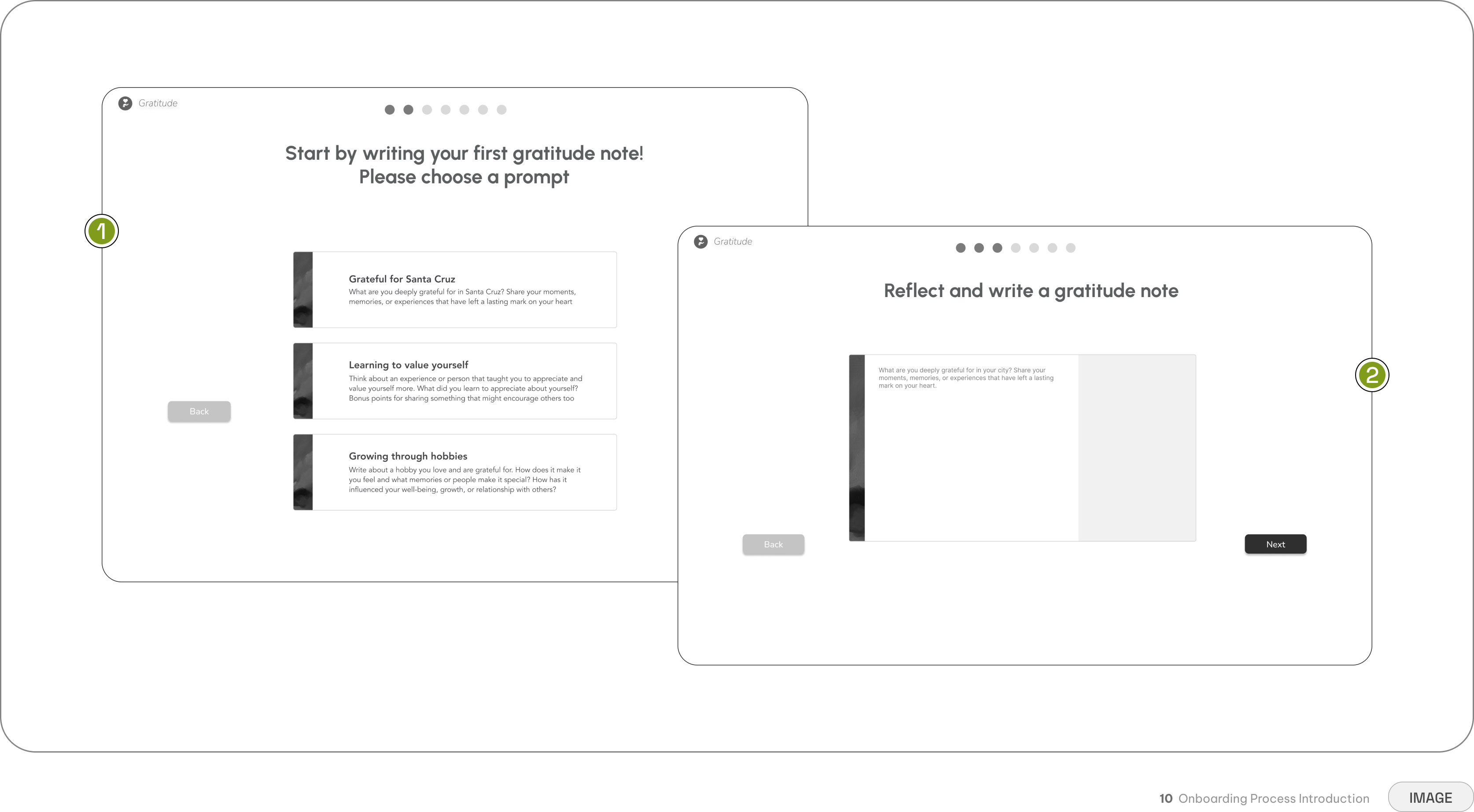 Onboarding process introduction — choose a prompt from a list, then reflect and write a gratitude note