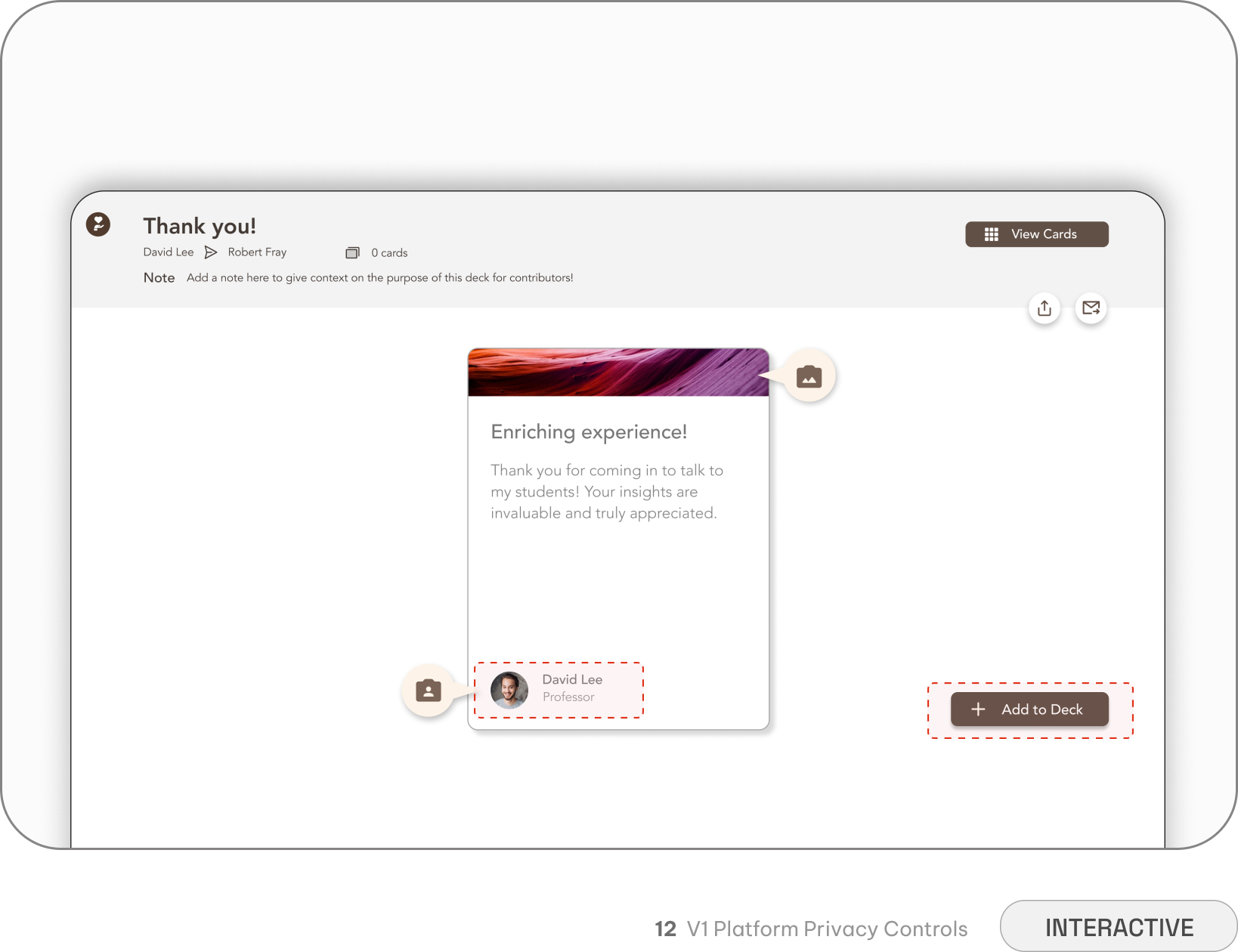 V1 platform privacy controls — the Thank You card flow