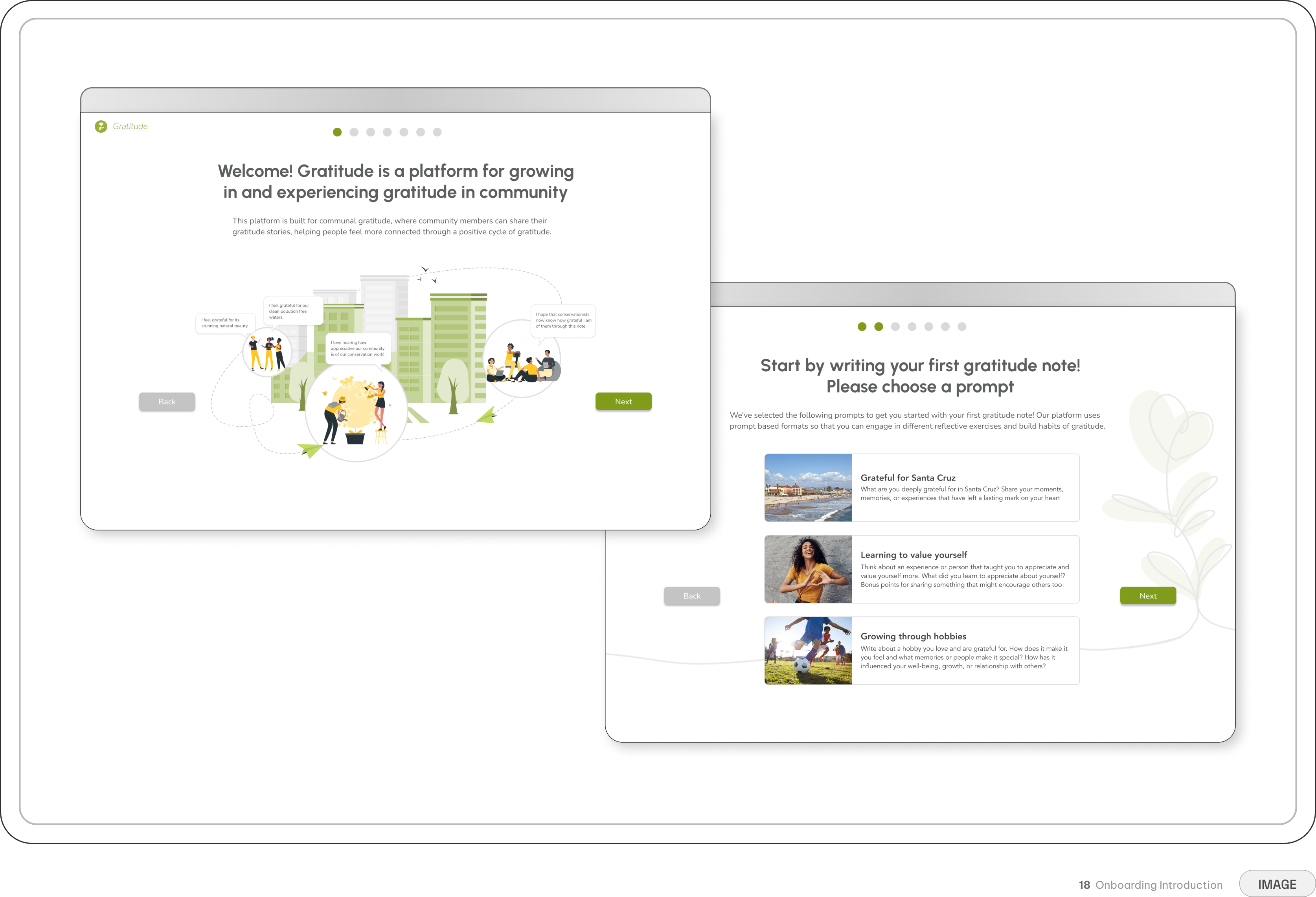 Onboarding introduction — welcome screen and first-prompt selection with three suggested gratitude prompts