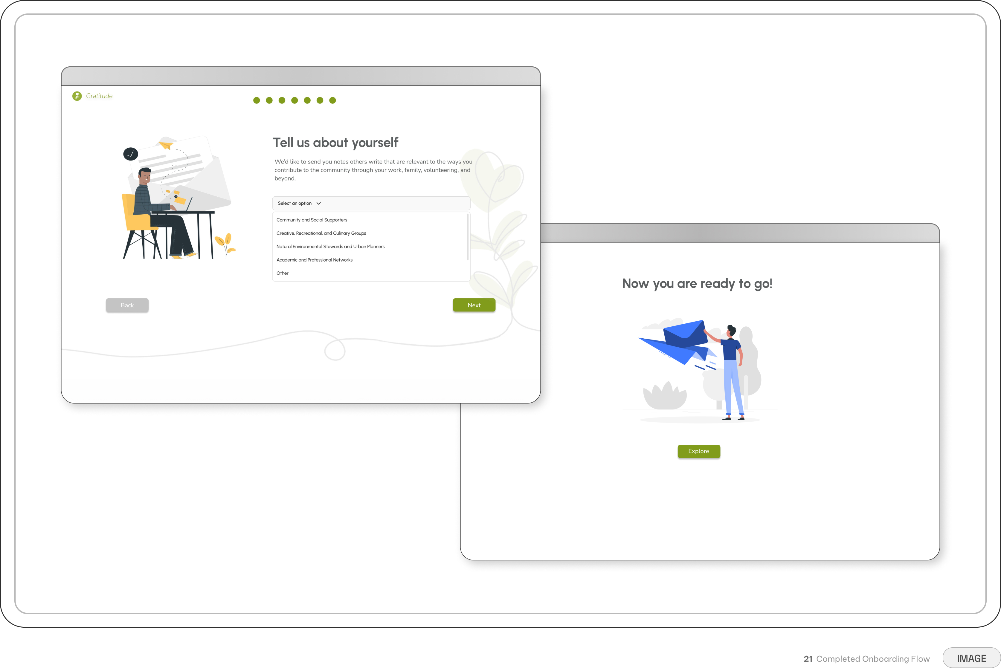 Completed onboarding flow — recipient-category selection and a final confirmation screen inviting the user to explore
